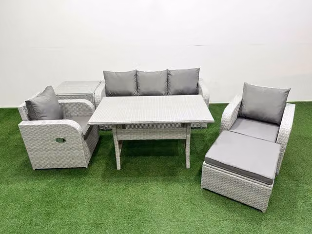 Fimous PE Rattan Garden Furniture Set in Light Grey with Reclining Chairs, Sofa, Rectangular Dining Table, Side Table and Large Footstool