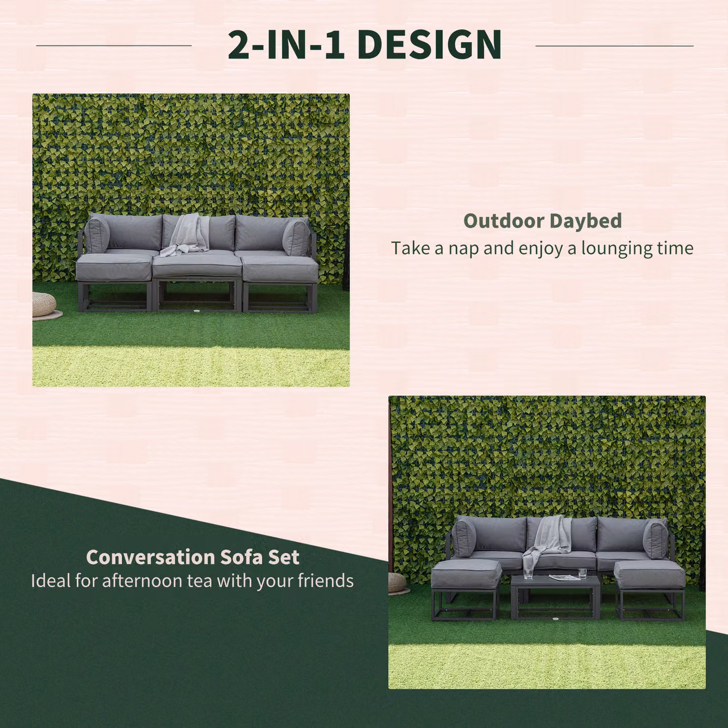 Outsunny 6 Piece Grey L-Shape Outdoor Sectional Sofa Set with Powder Coated Aluminium Frame, Coffee Table, Ottoman and Upholstered Cushions – 4