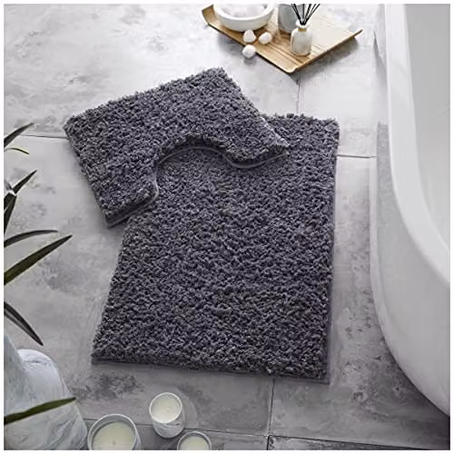Gaveno Cavailia 2 Piece Non-Slip Zero Twist Bath Mat and Pedestal Set in Anthracite Grey, W/D/H: 50 x 80 cm and 50 x 40 cm