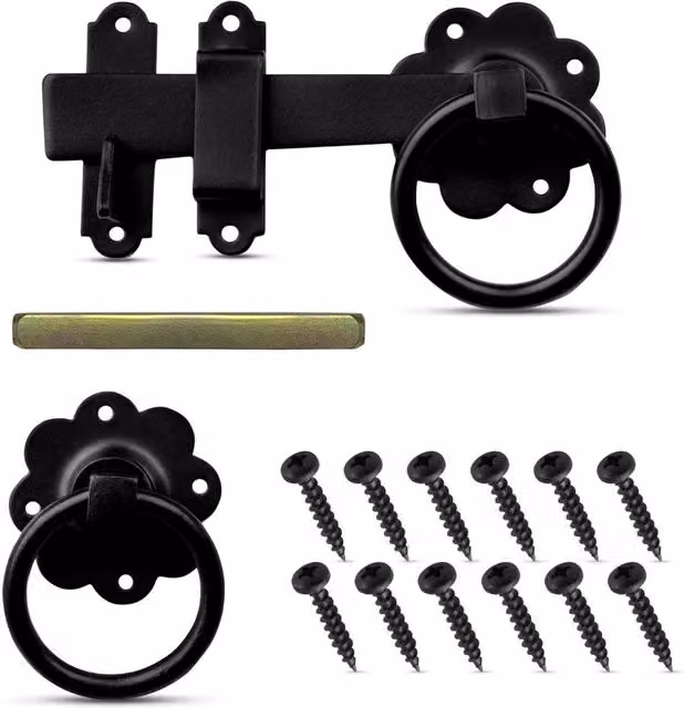 Kelvenix 6 inch Black Galvanised Steel Ring Gate Latch with Ring Handle for Garden Gates