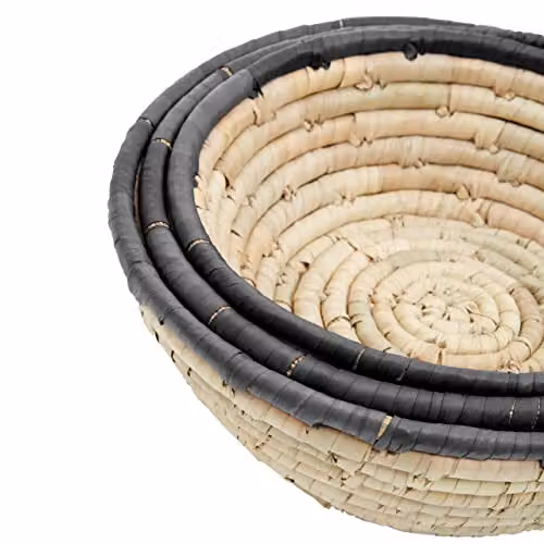 Orsina Lidi Set of 3 Palm Leaf Baskets with Black Trim, Natural and Black, W/D/H: 25 x 25 x 10 cm – 2