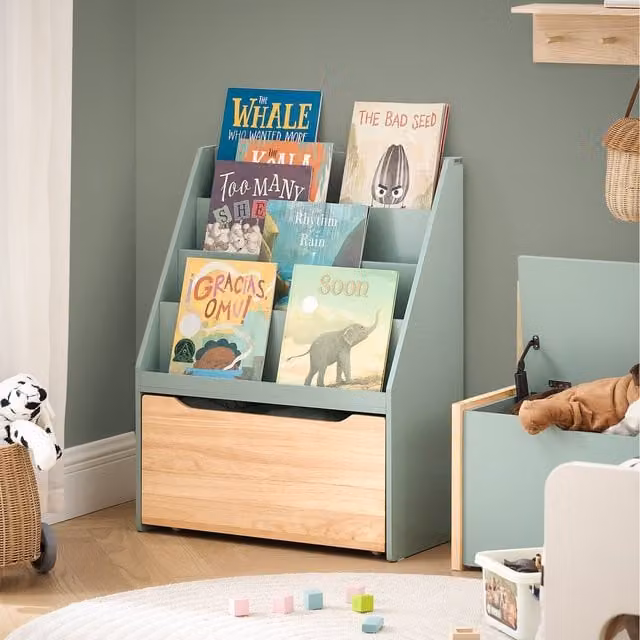 SoBuy Kids Bookcase and Toy Storage Chest on Wheels, Green