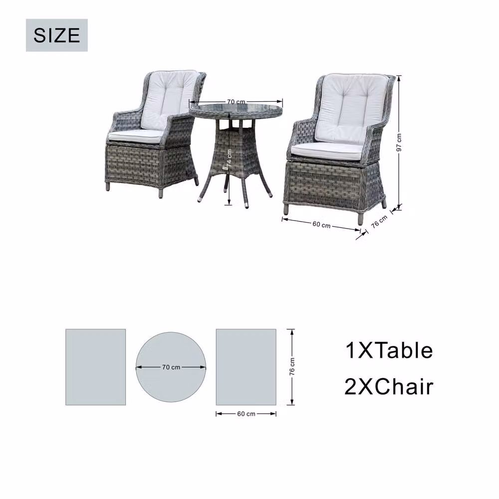 Direct Wicker Grey Rattan Bistro Set with Round Glass Top Table and 2 Armchairs for Garden or Balcony – 6