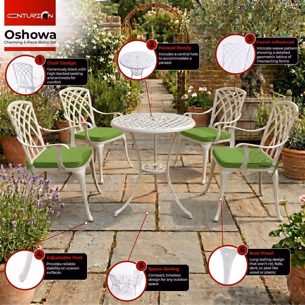 Centurion OSHOWA 5-Piece Cast Aluminium Bistro Set with Round Table and 4 High-Back Armchairs, White with Green Cushions – 4