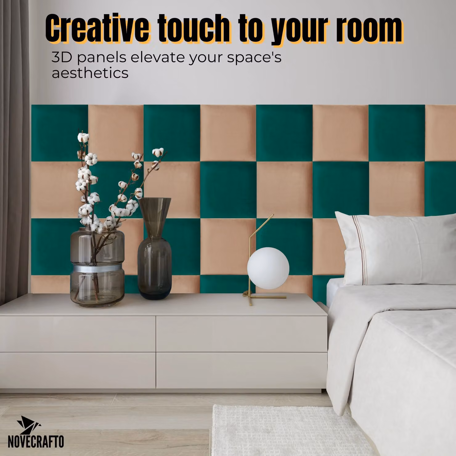 Novecrafto Set of 4 Soft Velvet Upholstered Wall Panels in Dark Green with Adhesive, W/D/H: 30 x 30 x 3 cm – 5