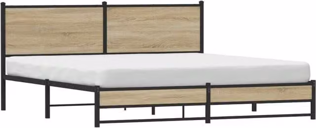 Berkfield Home Metal and Wood Bed Frame in Sonoma Oak and Light Tan, W/D/H: 180 x 200 cm, Super King Size