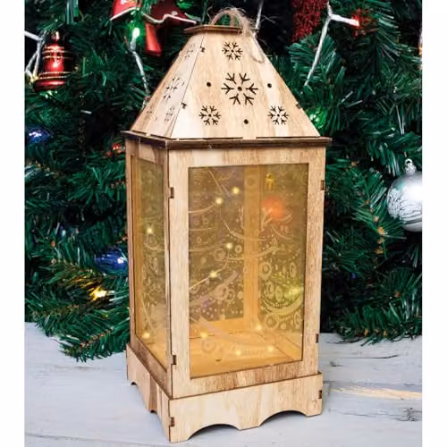 mysmartbuy Pre-Lit Rustic Wooden Christmas Lantern with Snowflake Cut-Out and LED String Lights in Brown, H27 x W11 x D11 cm – 2