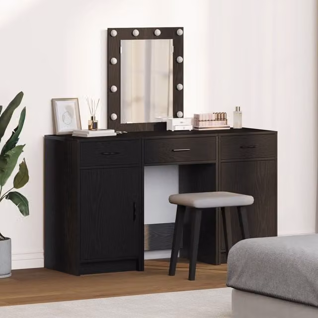 Berkfield Home 3 Piece Hollywood LED Dressing Table Set in Matt Black Engineered Wood – 1
