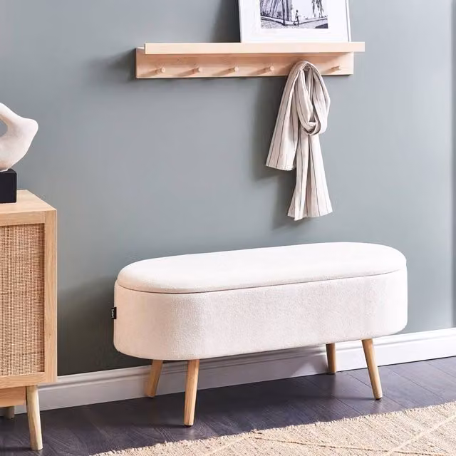 Wyld and Coco Oval Storage Bench with White Chenille Fabric and Solid Pine Legs
