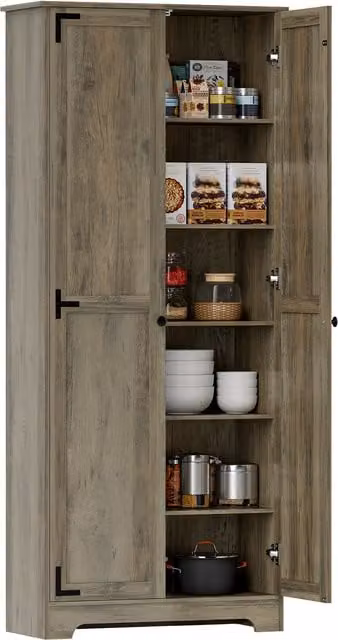 HOMCOM Grey Wood-Effect Farmhouse Kitchen Storage Cabinet with Hinged Doors and Internal Shelves