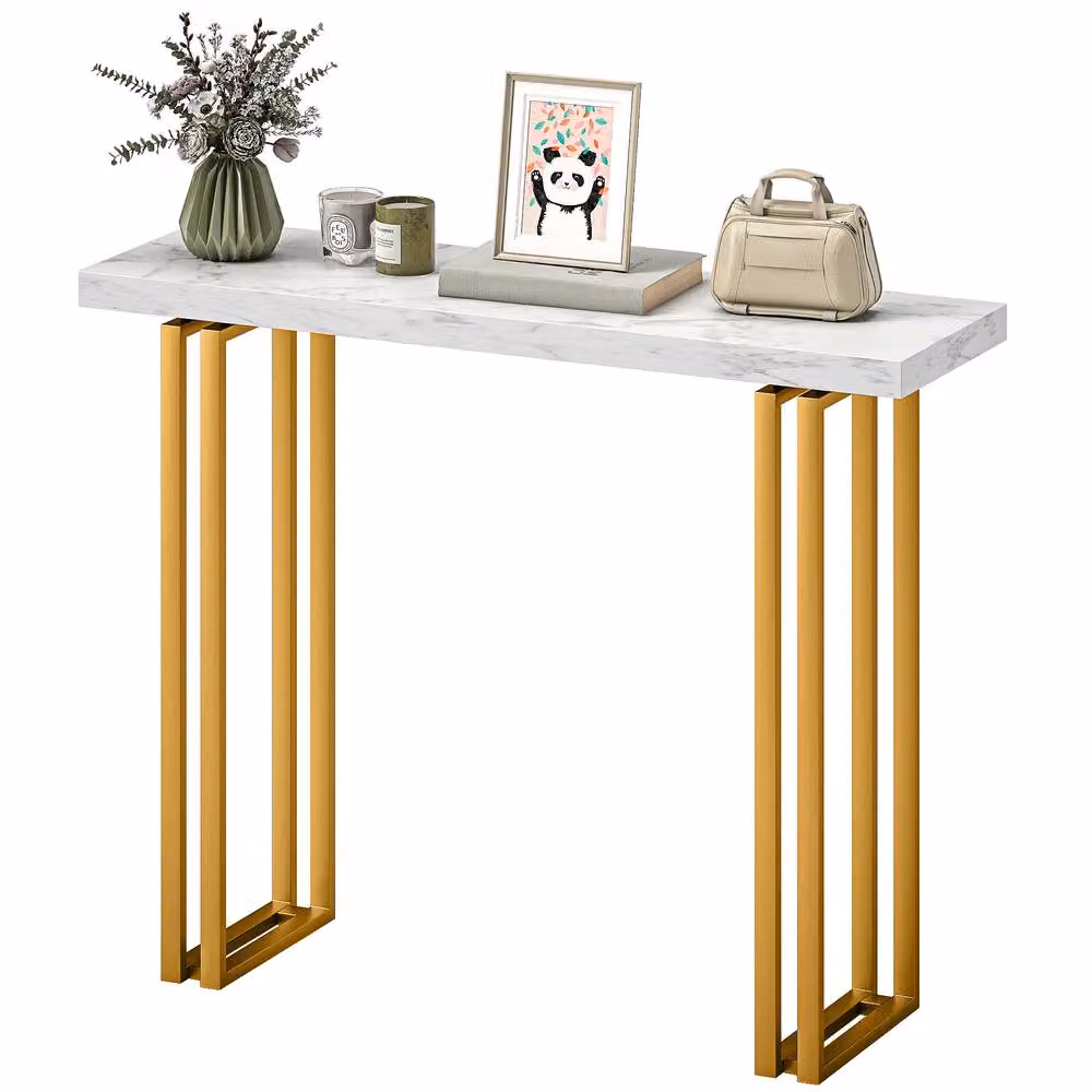 STILVORA Modern Console Table with White Marble-Effect Top and Gold Frame – 3