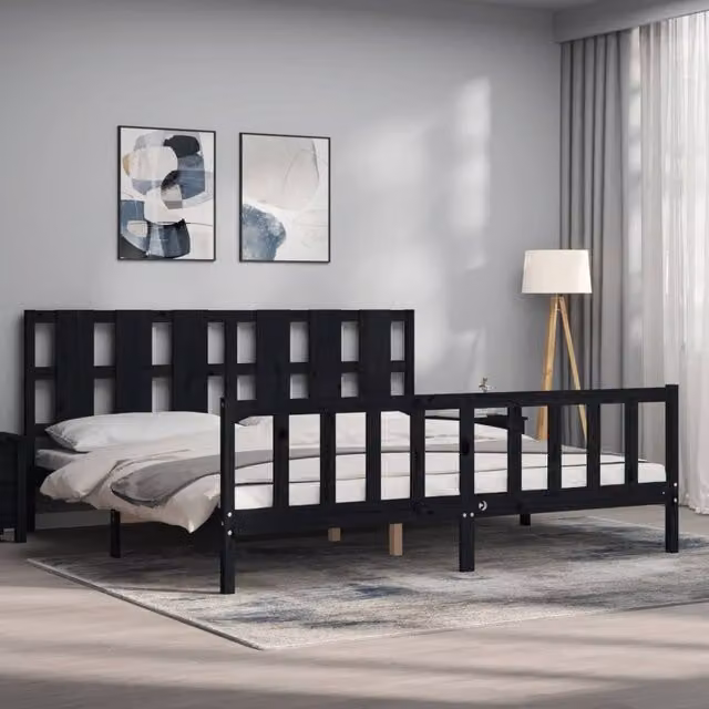 Berkfield Home Beautiful Bed Frame with Headboard in Black Solid Pine Wood W/D/H: 200 x 200 x 205.5 cm
