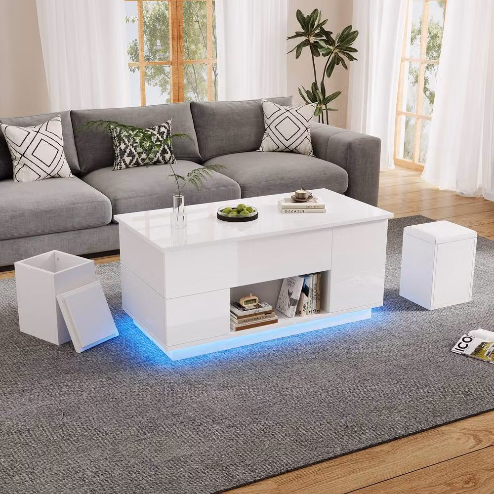 Merax White High Gloss Lift Top LED Coffee Table with 2 Storage Stools – 3