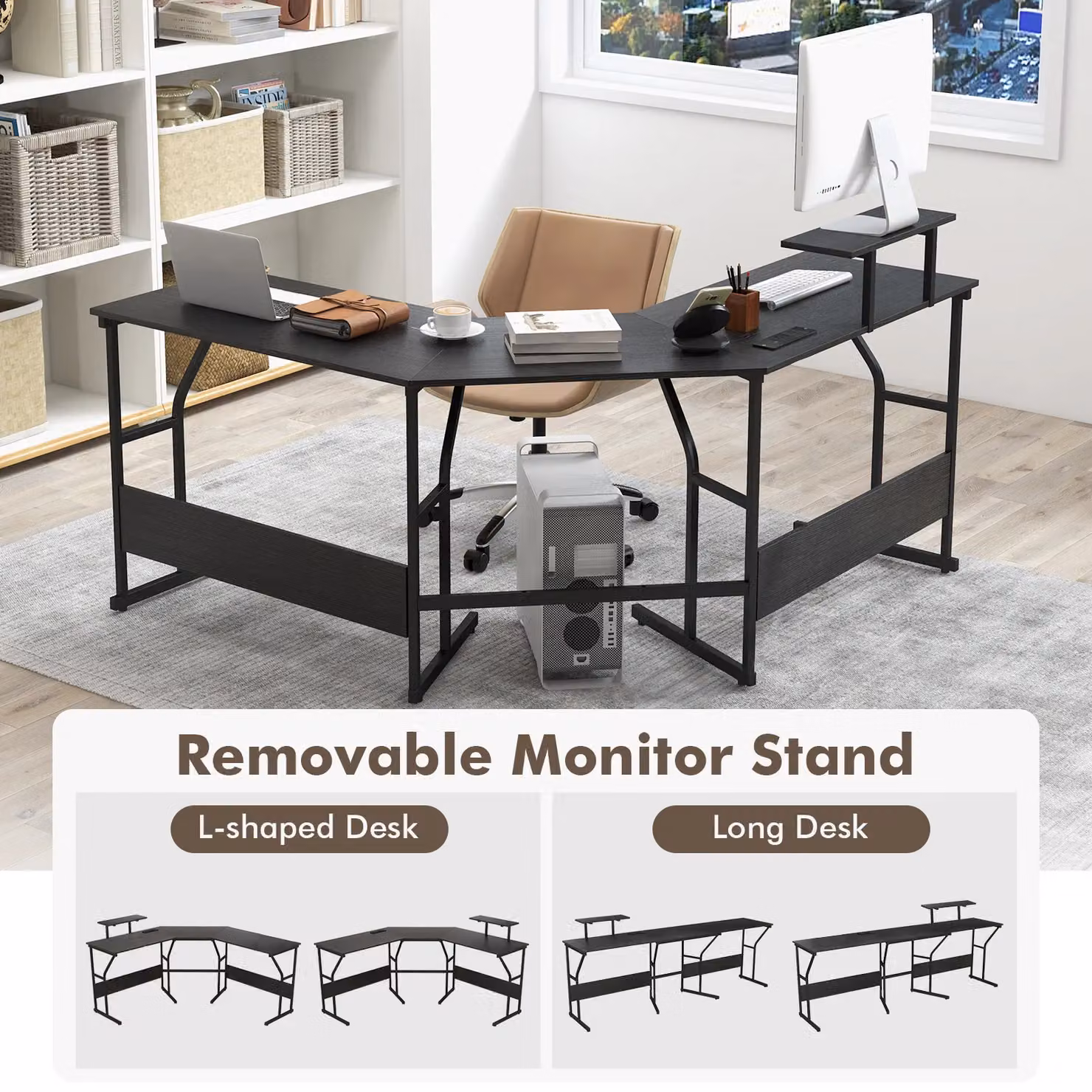 Costway L-Shaped Corner Computer Desk with Monitor Stand in Black – 4