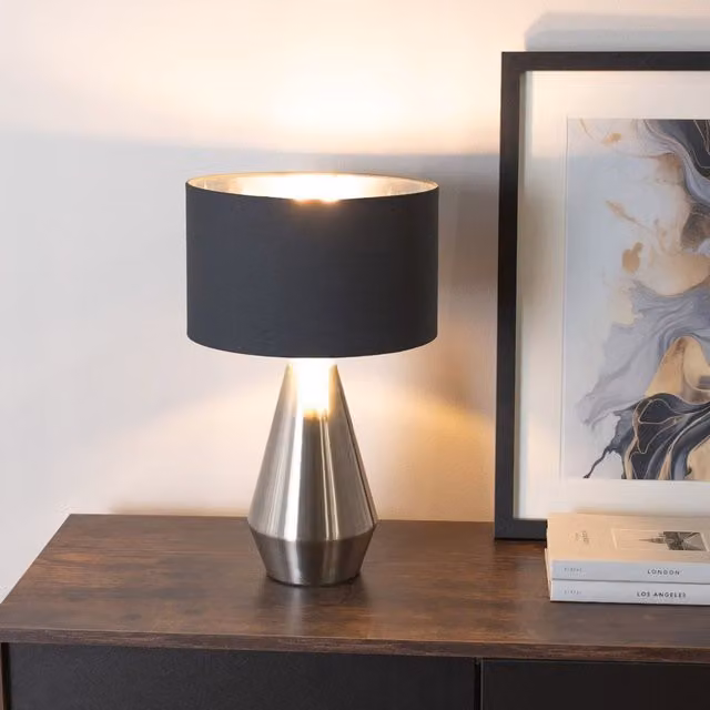ValueLights Jax Dimmable Touch Table Lamp in Black and Chrome with Fabric Drum Shade