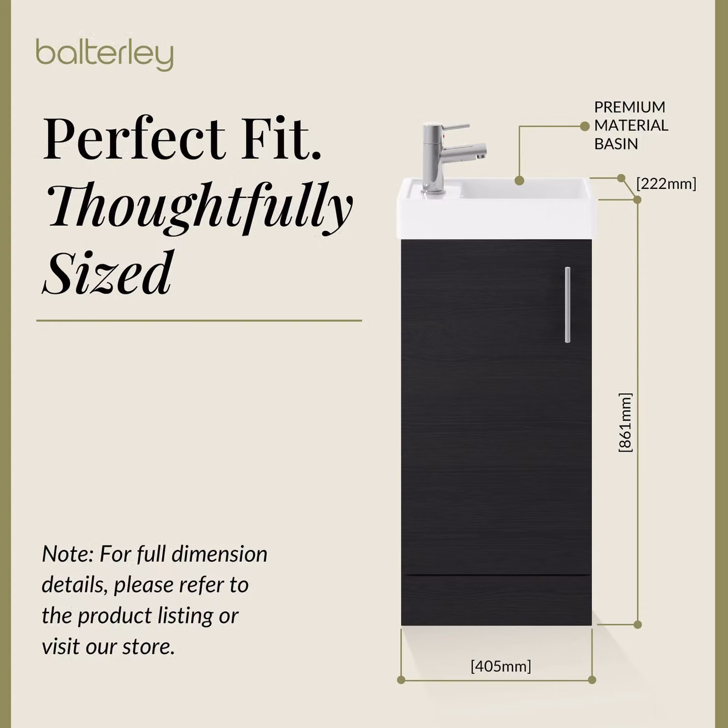 Balterley Saint Contemporary Floor Standing Bathroom Vanity Unit with Rectangular Basin and Soft-Close Door, Charcoal Black, W: 40.5 cm, H: 86.1 cm, D: 40.5 cm – 3