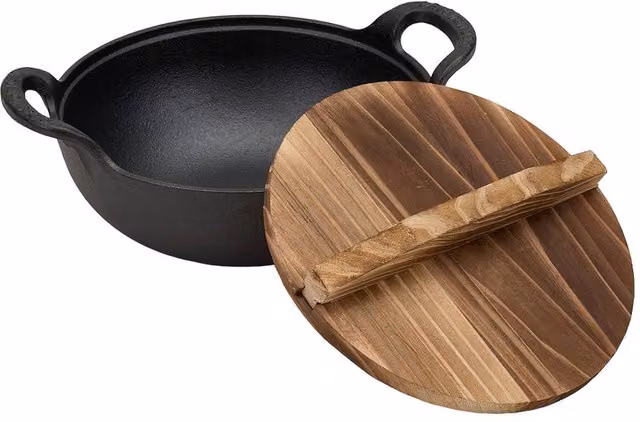 Living and Home Uncoated Cast Iron Wok with Dual Handles and Wooden Lid in Black, Small