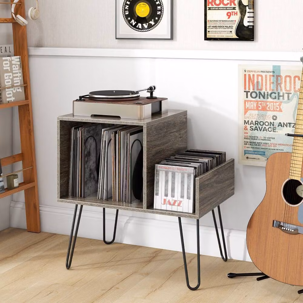 Costway Mid-century Modern Record Player Stand and End Table in Grey – 2