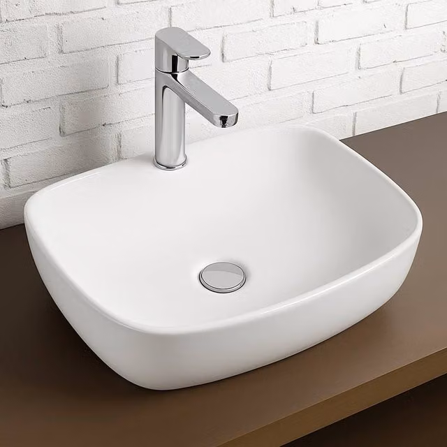 Bathroom Kingdom Lucca D-Shaped Curved Ceramic Countertop Basin, White, Width: 38.5 cm