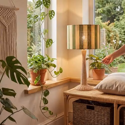 Happy Homewares Shabby Chic Bamboo Drum Lamp Shade in Natural Brown with Olive Green Stripes, W/H: 18 x 25 cm – 3
