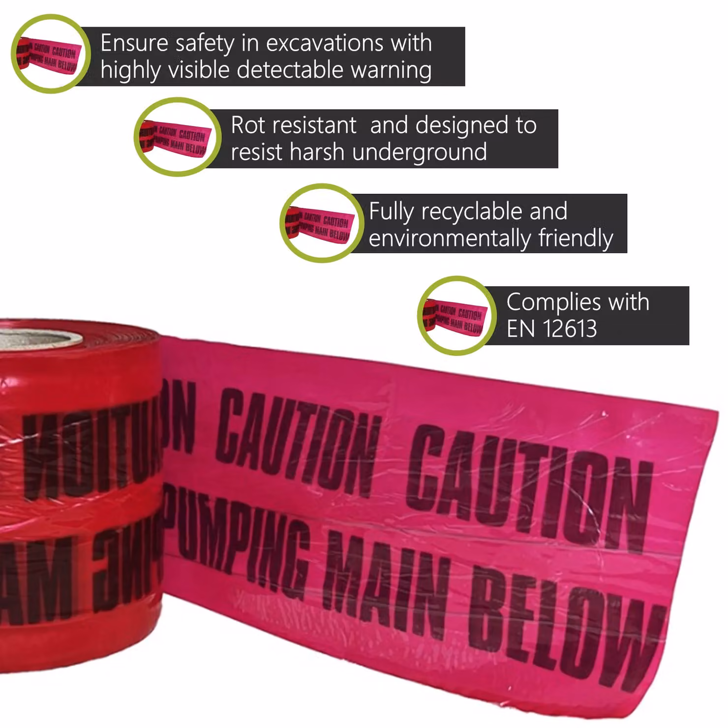 Pegdev Red Detectable Underground Warning Tape for Sewer Pumping Mains, 150mm x 90m – 2