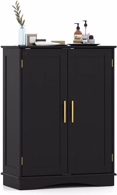 VOGREX Black and Gold Modern Freestanding Storage Cabinet with Hinged Doors and Internal Shelves