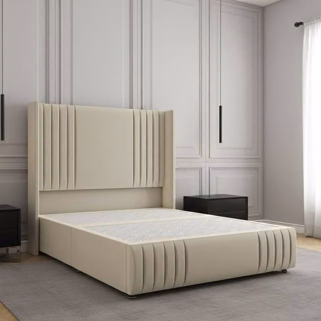 REGIONAL FURNISHINGS Double Divan Bed with Plush Velvet Headboard and Footboard in Beige, W/D/H: 140 x 200 cm