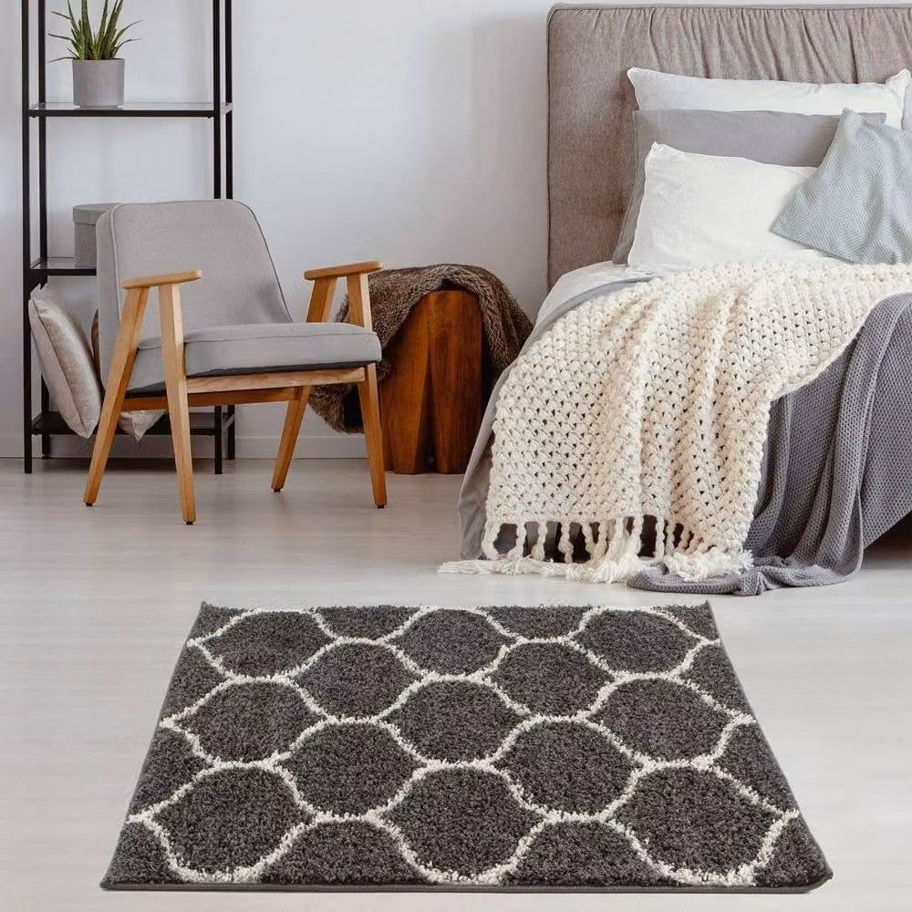 THE RUGS Moroccan Soft High Pile Shaggy Trellis Rug in Dark Grey, W: 80 cm, L: 150 cm – 5
