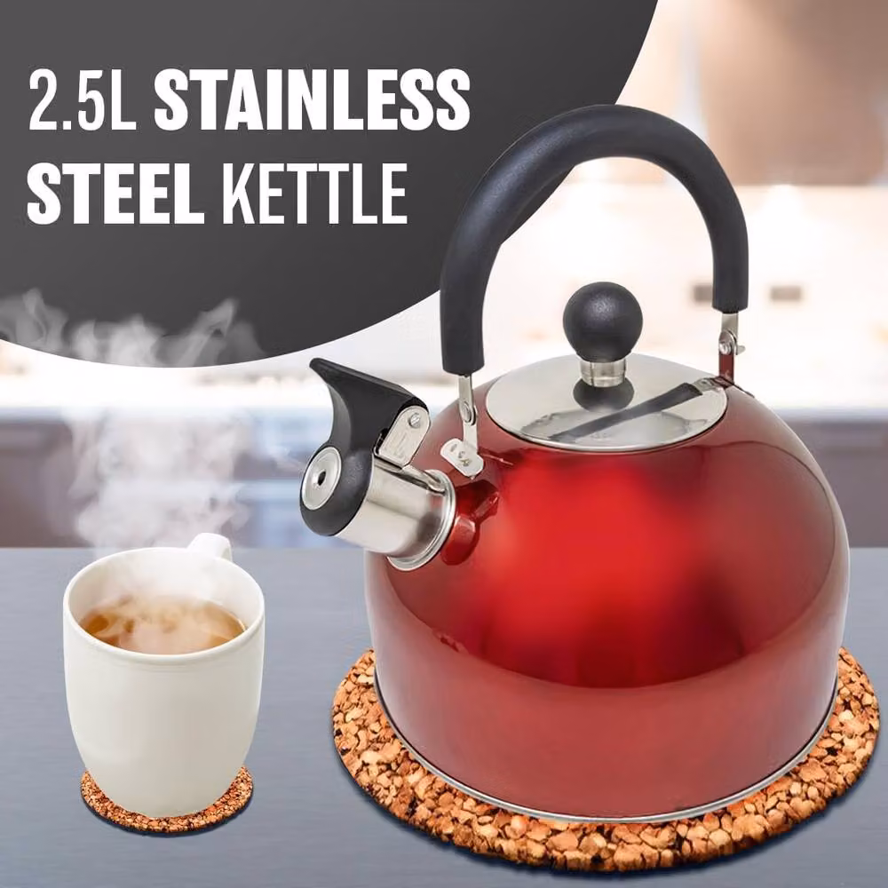 BARGAINS-GALORE Red Stainless Steel Lightweight Whistling Camping Kettle, 2.5 l – 2