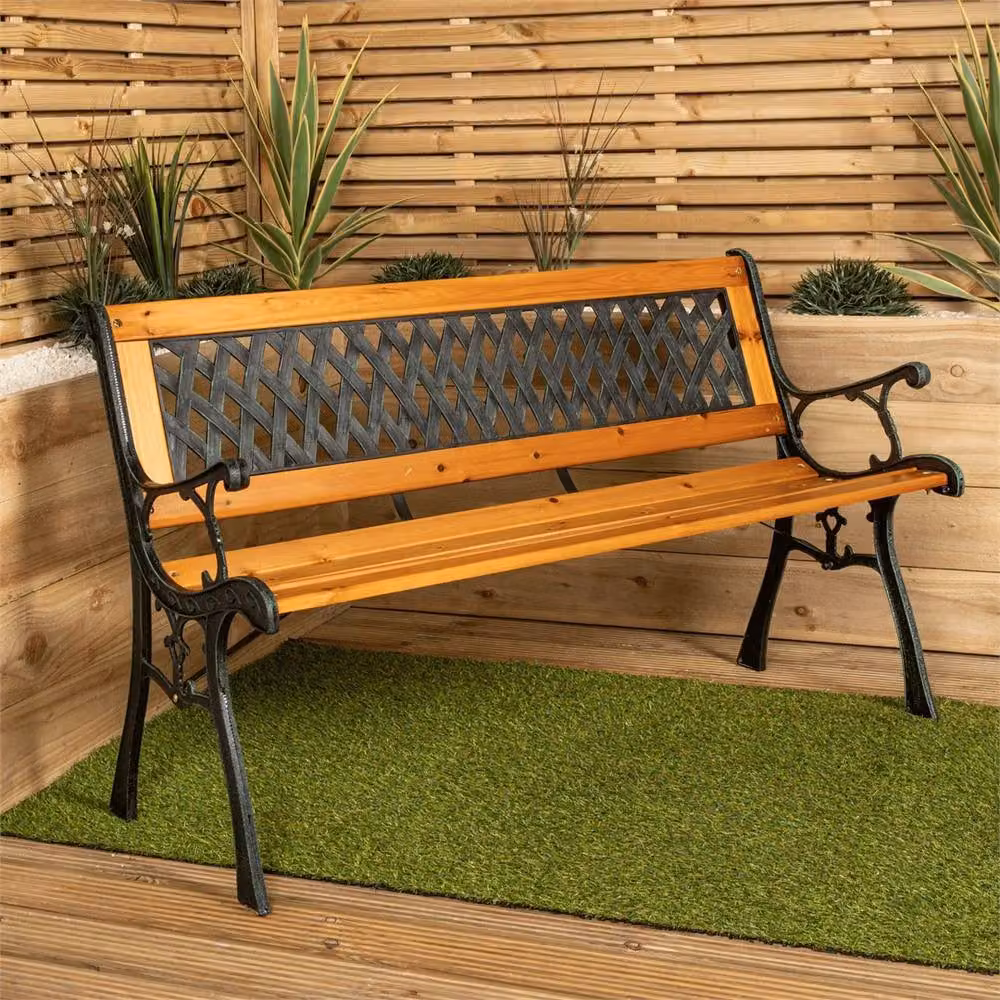 SPETLEK 2 Seater Wooden Garden Bench with Cast Iron Lattice Design in Brown – 2