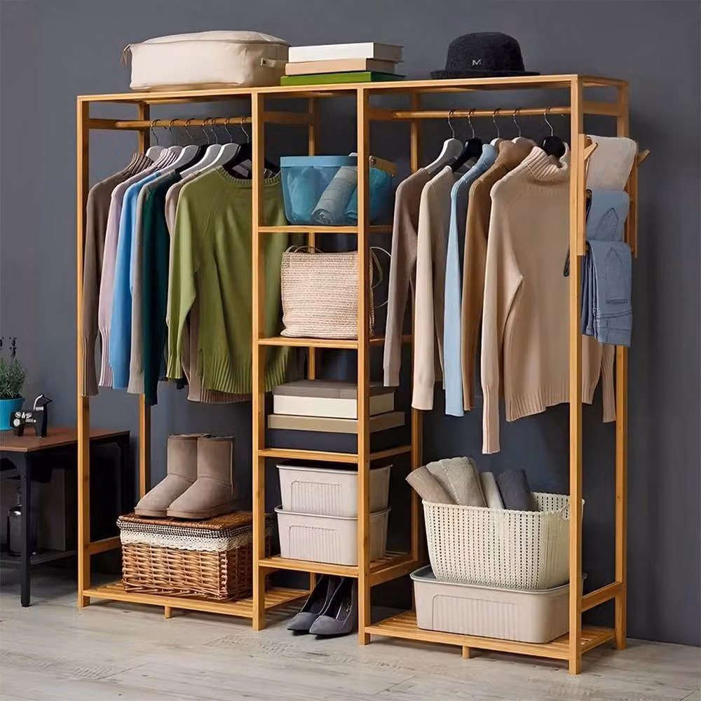 KORVIXA Teak Brown Open Wardrobe with Slatted Shelving and Clothes Rail, Width: 100 cm, Height: 146.5 cm – 3