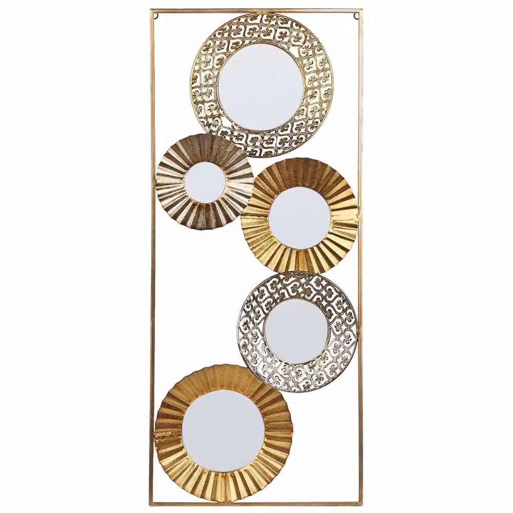 Wyld and Coco Five-Mirror Geometric Wall Art in Gold Metal and Glass, W/H: 90 x 39 cm – 2