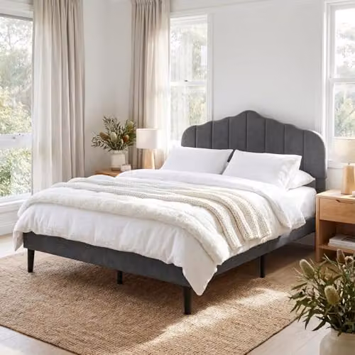Levede Upholstered King Bed Frame in Grey, W/D/H: 180 x 200 cm – 6