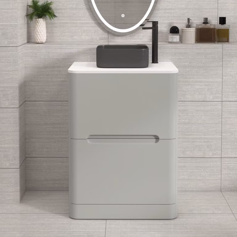 Royal Bathrooms Venice 600mm Floor Standing Vanity Unit in Dove Grey with 2 Drawers, Plain White Worktop and Art Square Basin
