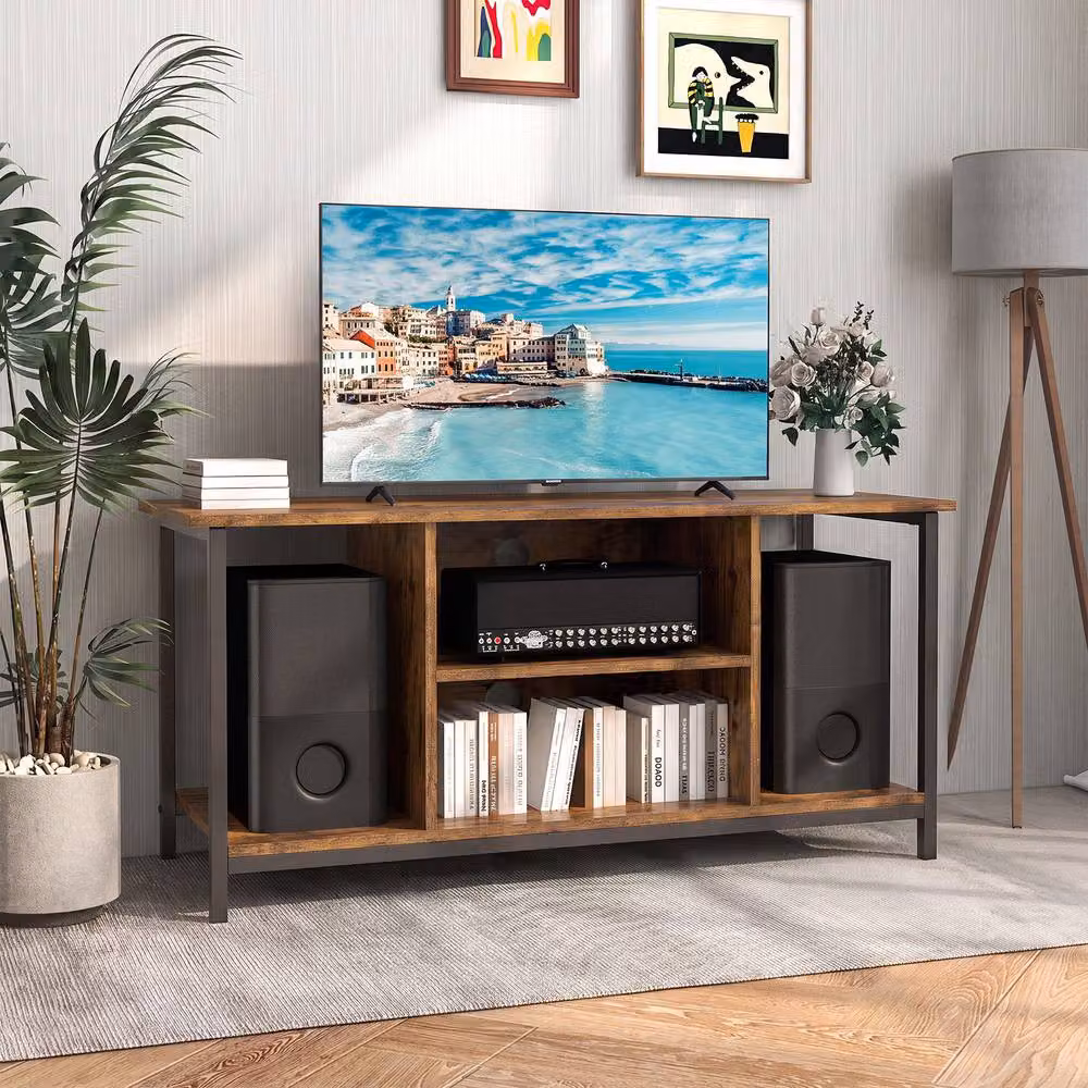Gymax Brown 3-Tier Industrial Wood TV Stand with Power Outlet and Type-C Port – 4