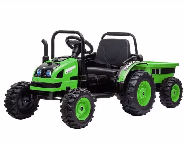 OutdoorToys 12V Electric Ride On Tractor with Trailer and Parental Remote Control in Green