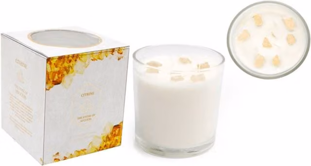 KDMK Summer Garden Tabletop Scented Candle with Citrine Crystals in Yellow and White Glass