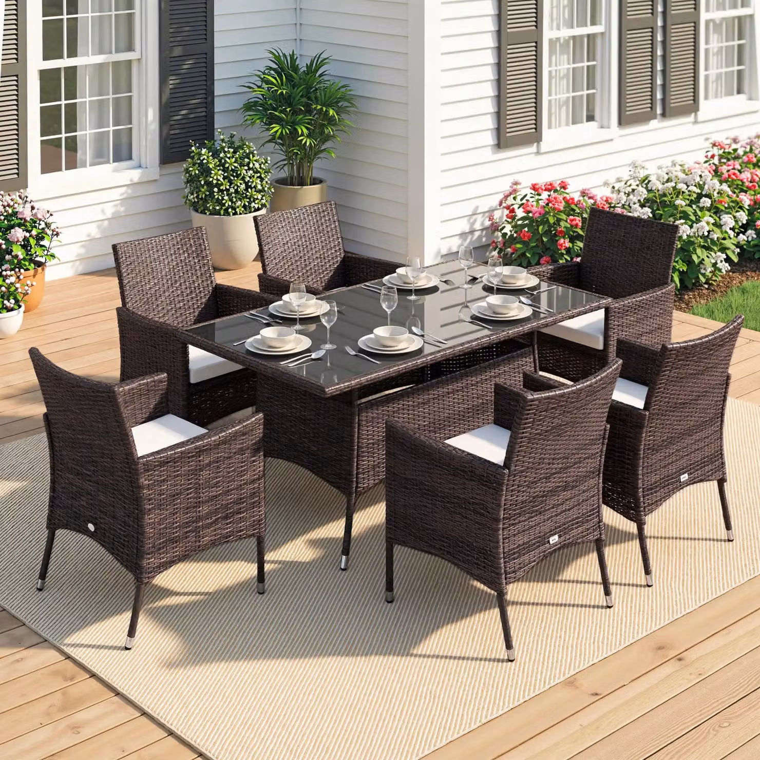 Outsunny 7-Seater Rattan Garden Dining Set with Rectangular Glass Table and Black Cushions in Brown – 10