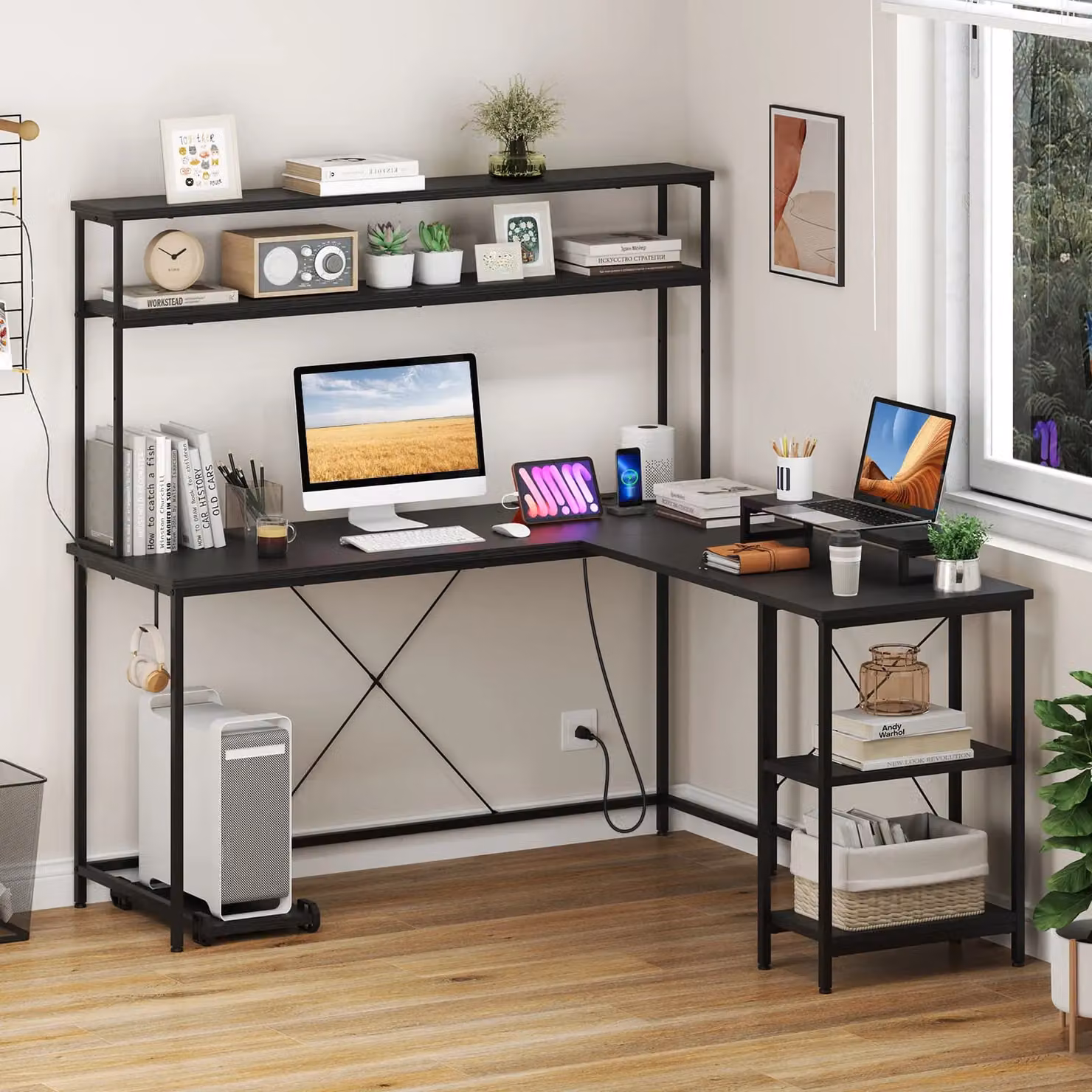 Costway L-Shaped Reversible Corner Gaming Desk with LED Strip in Black – 5