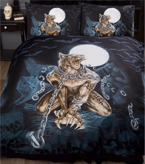 Alchemy Loups Garou Gothic Werewolf and Bats Duvet Cover Set with Pillowcases, Black, W/D/H: 135 x 200 cm and 50 x 75 cm