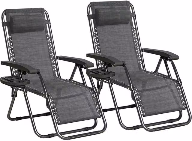 MCC Direct Set of 2 Zero Gravity Reclining Sun Loungers with Textilene Fabric, Cup Holders and Adjustable Headrests in Black and Grey – 8