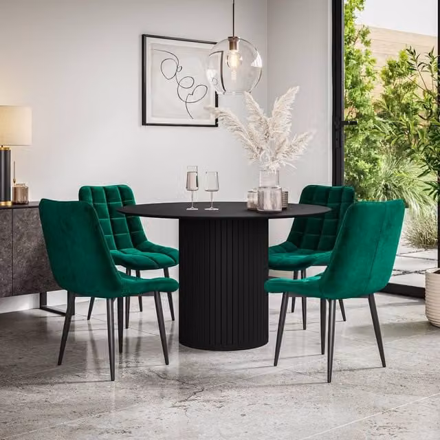 More4Homes Arlo Black Round Dining Table and Nova Green Velvet Dining Chairs Set of 4, W: 120 cm, H: 75 cm – 1