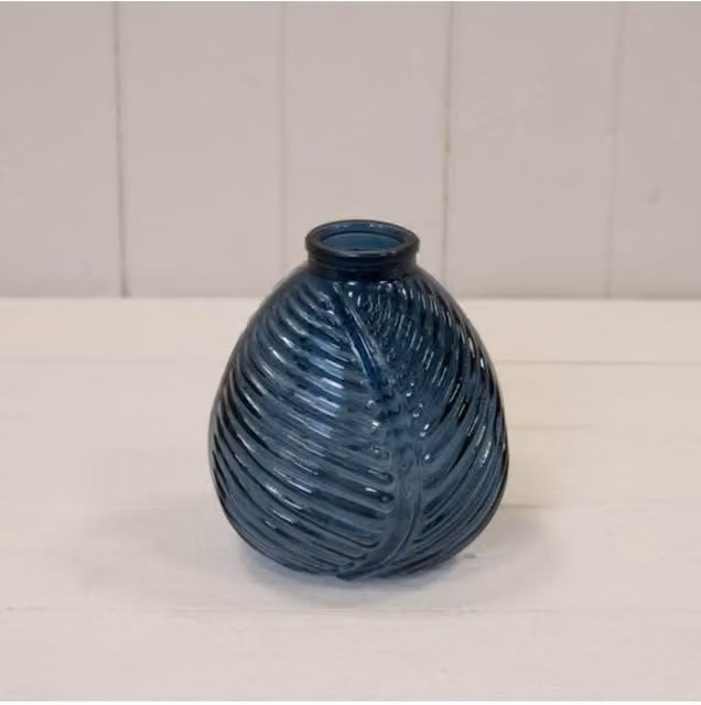 KDMD Blue Leaf Glass Tabletop Vase, Height: 13 cm