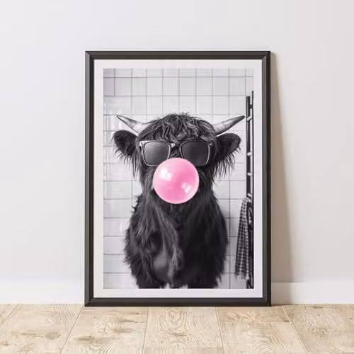 60 Second Makeover Highland Cow Pink Bubble Gum Animal Print Paper Poster, A3
