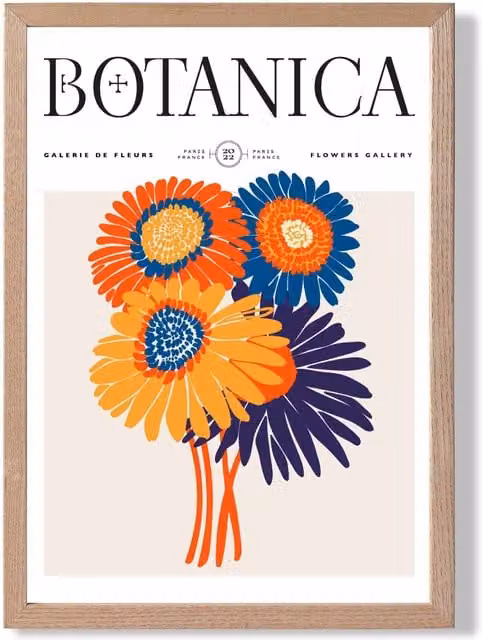 ARTZE Orange and Blue Gerbera Daisies Flower Market Framed Print with Oak Frame