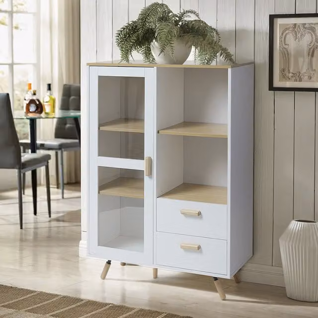 Livingandhome Classic White Freestanding Side Cabinet with Glass Doors and Internal Shelves