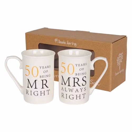 Nicola Spring 50th Anniversary New Bone China Mug Set, 300ml, Set of 2, White and Black – 1