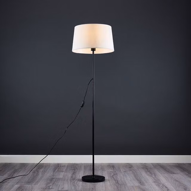 ValueLights Modern Floor Lamp with Black Metal Finish and White Faux Linen Cone Shade