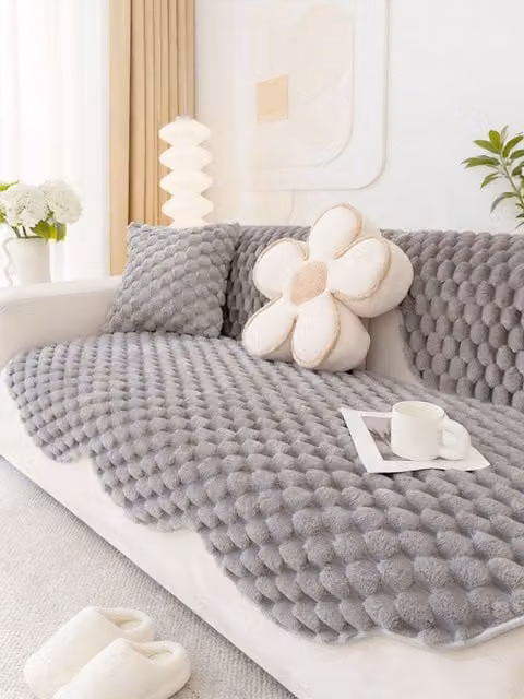 Living and Home Non-Slip Faux Plush Sofa Protector in Grey, Large – 1