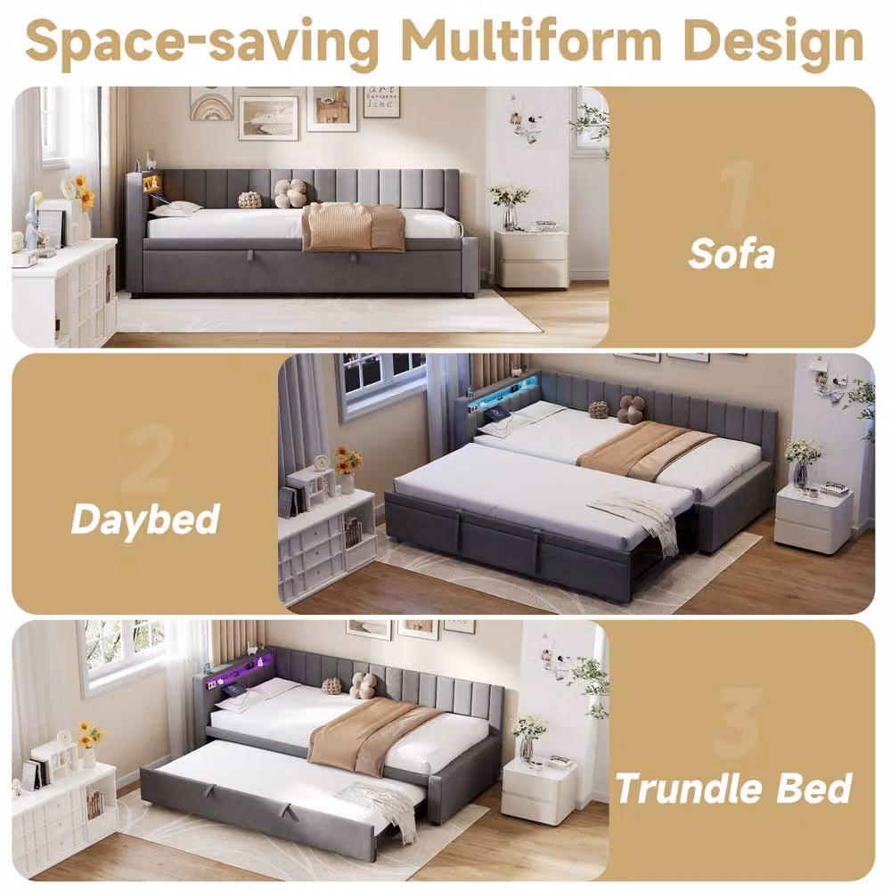 STILVORA Grey Velvet Single Daybed with Trundle, LED Lighting, USB Charging Port and Side Compartments, W/D/H: 90 x 190 cm – 5